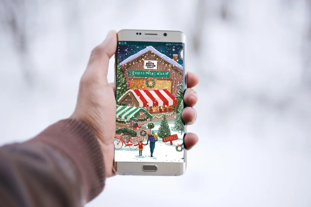 Ecard virtual gift open on a phone with snow in the background