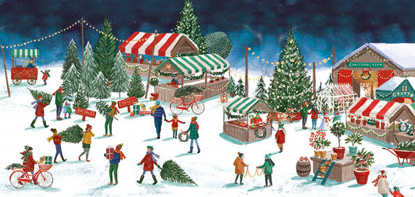 Illustration of a Christmas market in the snow, representing the Christmas collection of The Brain Tumour Charity shop